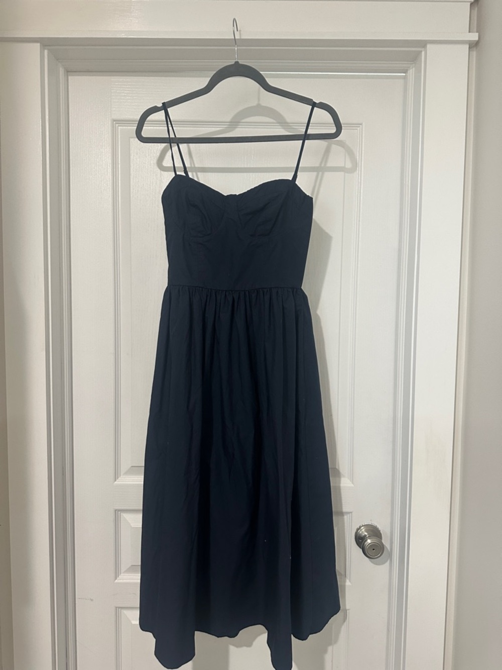 Navy Spaghetti-Strap Midi Dress with Sweetheart Bodice